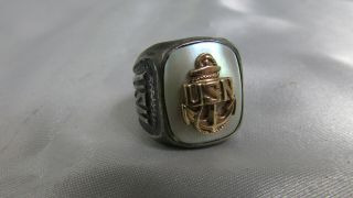 Vtg D.  B.  Sterling Silver 10k Gold Filled Mother - Of - Pearl Us Navy Ring Sz 5.  25
