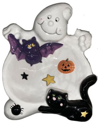 Vtg Halloween Ghost Bat Cat Ceramic Pumpkin Candy Bowl Dish By Harry And David