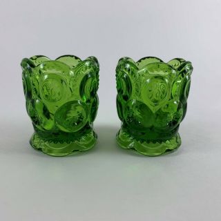 2 Vintage Green Moon And Stars Glass Toothpick Holders Scalloped Bottom
