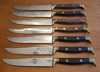 Vintage Set Of 7 French Stainless Steel 9 " Steak Knives W / Wood & Brass Handles