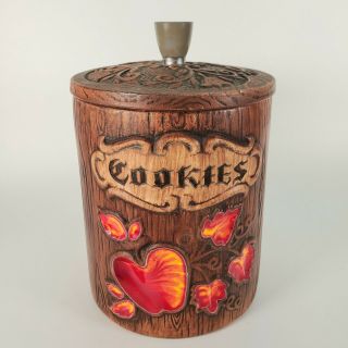 Vintage Treasure Craft Ceramic Canister Cookie Jar Woodgrain And Red Apple 8 "