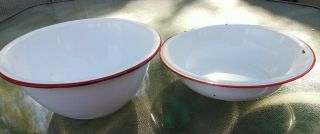 Vintage Pair Porcelain Enamel White Red Rim Wash Basins 12 " X 5 " & 12 3/4 " X 3 "