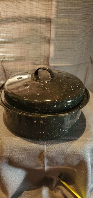 Black Speckled Enamel/graniteware Round Roasting Pan With Lid - Vintage - Unmarked