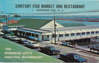 Vintage Postcard,  Old Cars,  Sanitary Fish Market Restaurant,  Morehead,  N.  C.