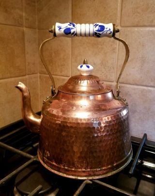 Antique Copper Teapot Kettle With Ceramic Handle,  7 1/4 " X 9 "