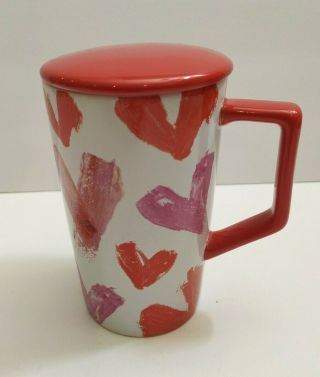 Teavana Starbucks Red Hearts White Ceramic Tea Coffee Mug With Lid 12oz