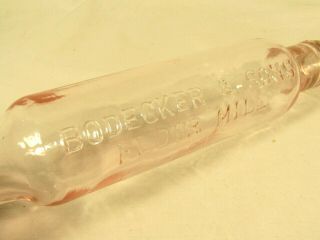 Vintage Pink Tinged Glass Rolling Pin Bodecker & Sons Flour Mill With Cap 2