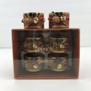 Lenox Winter Greetings Set Of 6 Napkin Rings 7157 Red Gold Bell Acorn Ribbon
