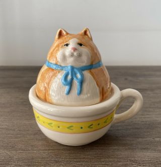 Clay Art Cat In A Tea Cup Salt And Pepper Shakers