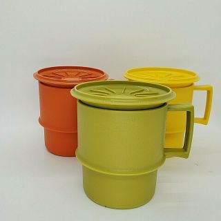 3 Vintage Tupperware Stacking Coffee Cup Mug 1312 Orange Green Yellow With Lids