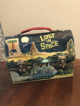 Vintage 1967 Lost In Space Metal Lunchbox.  Blue Plaid Thermos.