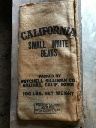 Vintage Burlap Seed Sack,  Small White Beans Mitchell Silliman Co.  Salinas,  Calif