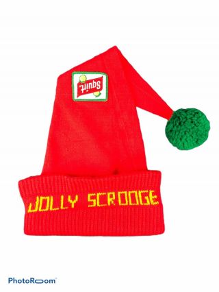 Vintage Squirt Soda Promotional Advertising Knit Stocking Pom Hat Jolly Scrooge