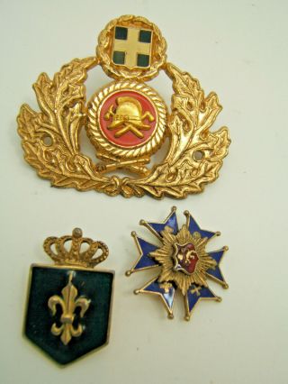 Vintage Greek Hellanic Military Hat Pin Medal Badge,  2 Enamel Pins Gold Tone