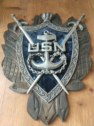 Vintage Usn Us Navy Emblem Carved Wood Aluminum Wall Hanging Plaque Sign Large