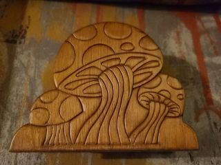 Vintage Wood Carved Mushroom Napkin Letter Holder Retro Wooden 70s