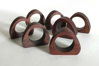 Vtg 7 Mid Century Modern Teak Wood Triangle Atomic Organic Napkin Rings Holders