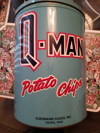 Vintage Q - Man Potato Chip Tin 1 Lb Kuehmann Foods Inc.  Toledo,  Oh