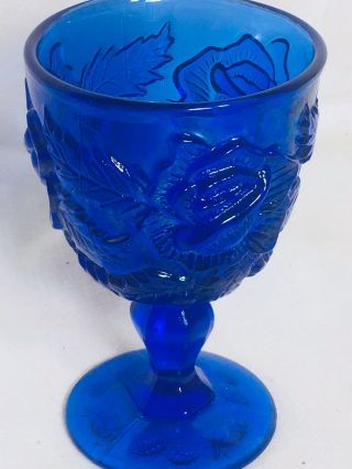 Madonna Inn Cobalt Blue 5 " Water Wine Goblet Wild Rose Pattern Fenton
