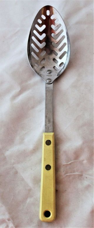 Vintage Ekco Forge Stainless Steel Slotted Serving Kitchen Utensil Spoon Yellow