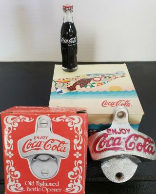 Vintage Coca Cola Coke Wall Mount Cast Iron Bottle Opener Gift Box & Mini Coke