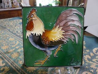 Majolica Pottery Art Tile Trivet Hot Plate Rooster Footed Signed 6 1/2 " Square