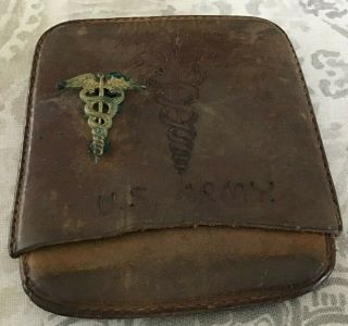 Ww1 U.  S.  Army Medical Corps Caduceus Emblem On 3 " X 4 " Leather Med Corps Pouch