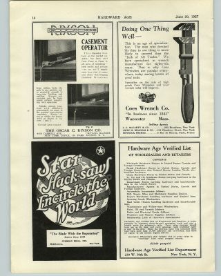 1927 Paper Ad Coes Wrench Co Wood Handle Worcester Mass Union Hardware Tools