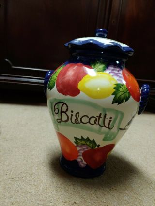 Biscotti Hand Painted For Nonni’s Cookie Jar Blue Trim With Fruit Large 14 X 12