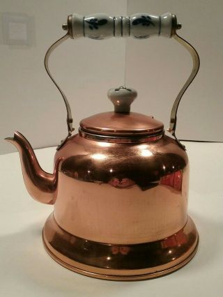 Vintage Copper Tea Pot Kettle Blue White Porcelain Handle