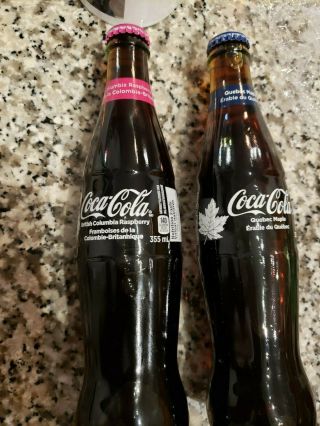 Coca - Cola British Col Raspberry,  Quebec Maple Bottles 355ml 2 coke rare Canada 3