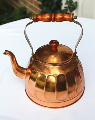 Vintage Copper Plated Tea Pot Kettle Wooden Handle Curved Spout Made In Korea