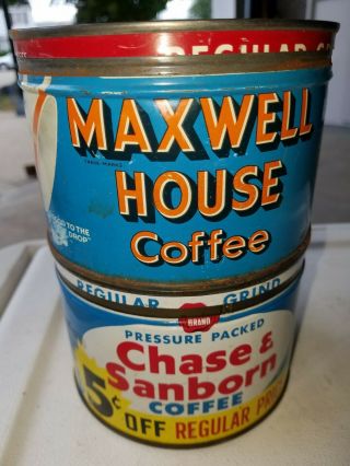 Vintage Coffee Tins - Chase Sanborn 1 Lb.  W/lid,  Maxwell House 1 Lb.  W/lid