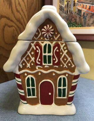 Ceramic Gingerbread House Cookie Jar W/ Lid Christmas Snow Themed