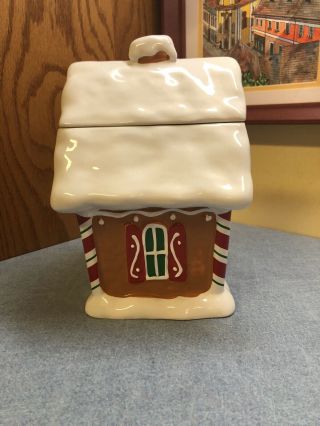 Ceramic Gingerbread House Cookie Jar w/ Lid Christmas Snow Themed 2
