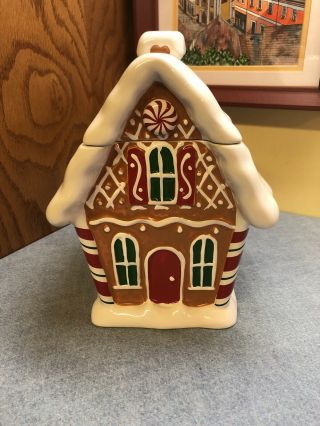 Ceramic Gingerbread House Cookie Jar w/ Lid Christmas Snow Themed 3