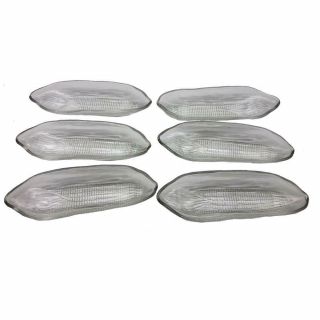 Vintage Set Of 6 Corn On The Cob Glass Holders Dishes Trays Corn Pattern Bottom