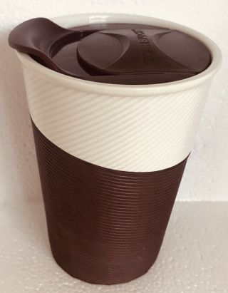 2014 Starbucks 8 Oz.  White/purple Silicone Grip Ceramic Travel Tumbler With Lid