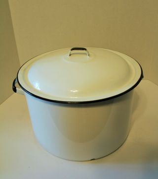 Vintage Large Porcelain Enamel Cooking Pot With Lid White With Black Trim