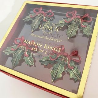 4 Lenox Holly Berry Ribbon Napkin Rings 7351 Holiday Green Red Gold Enamel