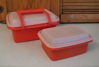 2 Tupperware Pak N Carry Lunch Box 1254 - 8 Red With Handle & 1531 Mini Vintage