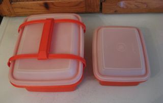 2 Tupperware Pak N Carry Lunch Box 1254 - 8 Red With Handle & 1531 MINI Vintage 2