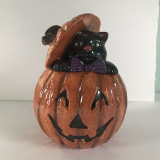 Orange Ceramic Cheryl And Co.  Halloween Jack - O - Lantern And Black Cat Cookie Jar