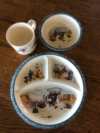 Peco Pecoware Melamine Child’s Bowl Divided Plate,  & Cup Western Cowboy Horse