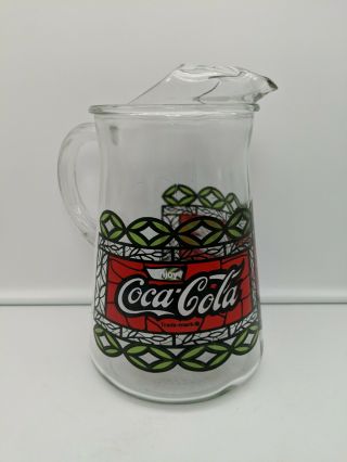 Vintage 1970s Coca - Cola Stained Glass Style Clear Glass Pitcher Restaurant