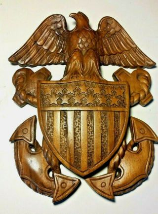 Carved Wood Us Navy American Eagle W/ Anchors Insignia Plaque