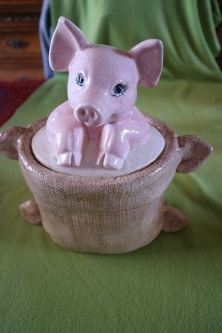 Ceramic,  Pink Pig In Burlap Sack Cookie Jar