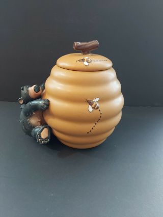 Vintage Honour Pottery Black Bear Cookie Jar Canister Bee Hive Honey Bee Defect