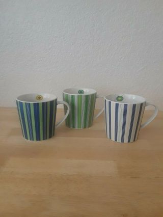Trish Richman 2007 Blue Green White Vertically Striped Coffee Mug Cup Set Of 3