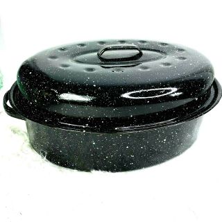 Roaster Roasting Pan With Lid Black Enamel Oval White Speckled 2 Handles